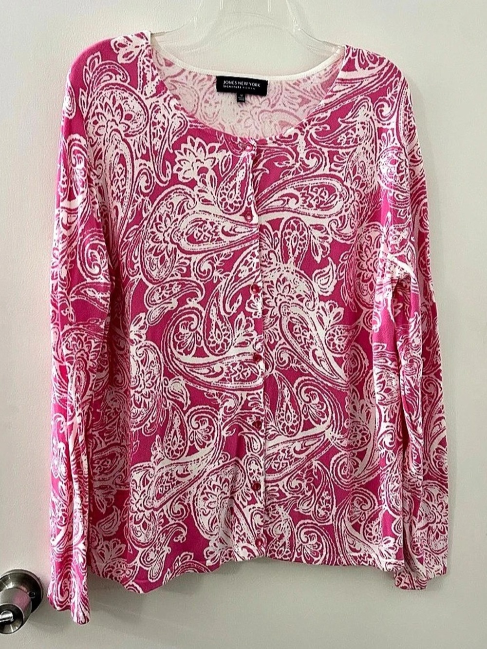 Jones New York Paisley Long Sleeve cardigan in Pink & White Size 1X